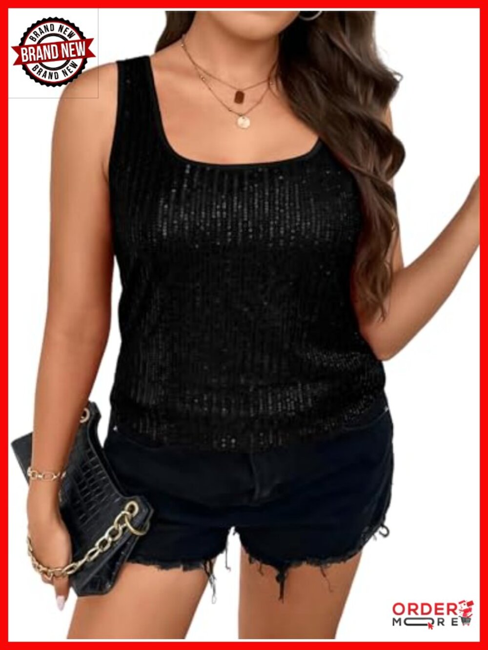 Plus Size Sequin Tank Top - Sleeveless Square Neck Sparkly Club Party Shirt